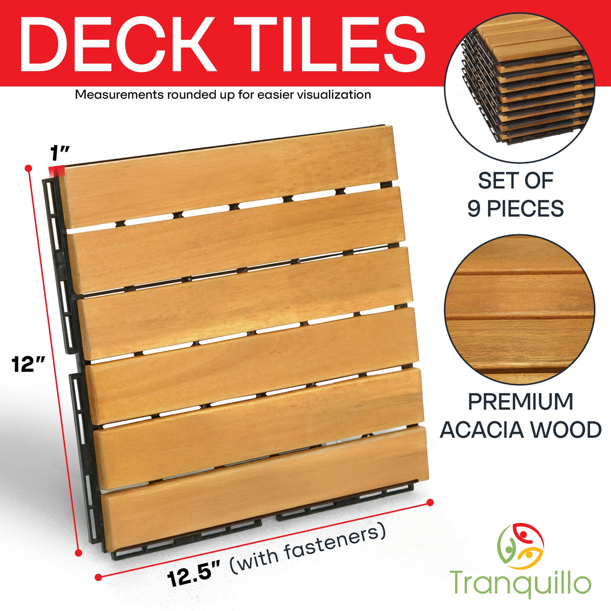 Acacia Deck Tiles 6 Slat Interlocking Decking Tiles, Set of 9