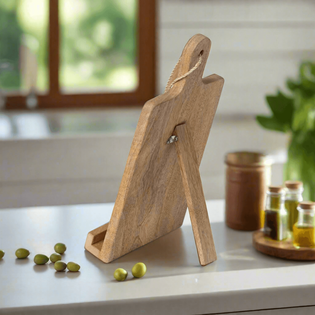 Wooden Farmhouse Cookbook Holder with Cutting Board Design