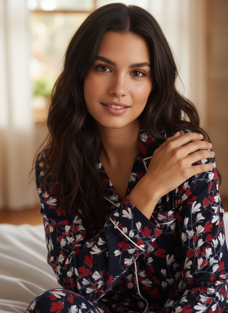 Flannel Women Pajamas Set, Navy & Red Magnolia