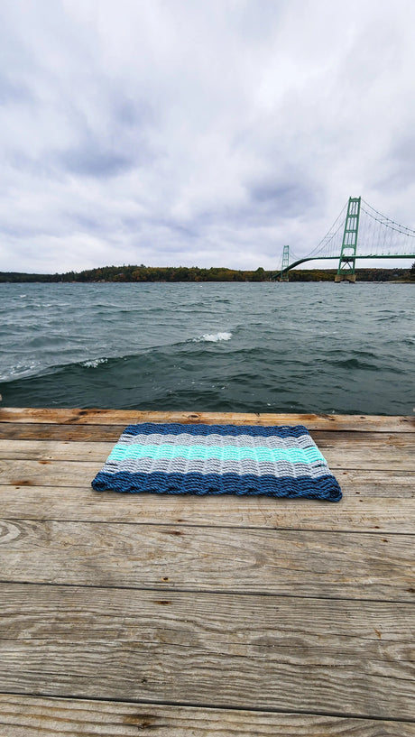 Five Stripe Rope Mat made with Lobster Rope Navy, Light gray and seafoam