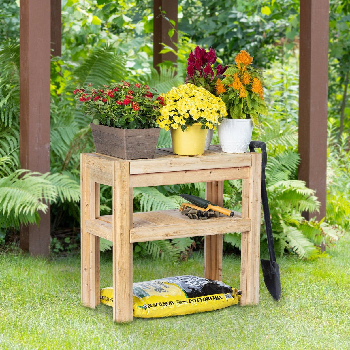 2 Tier Adjustable Cedar Wood Garden Storage Shelves