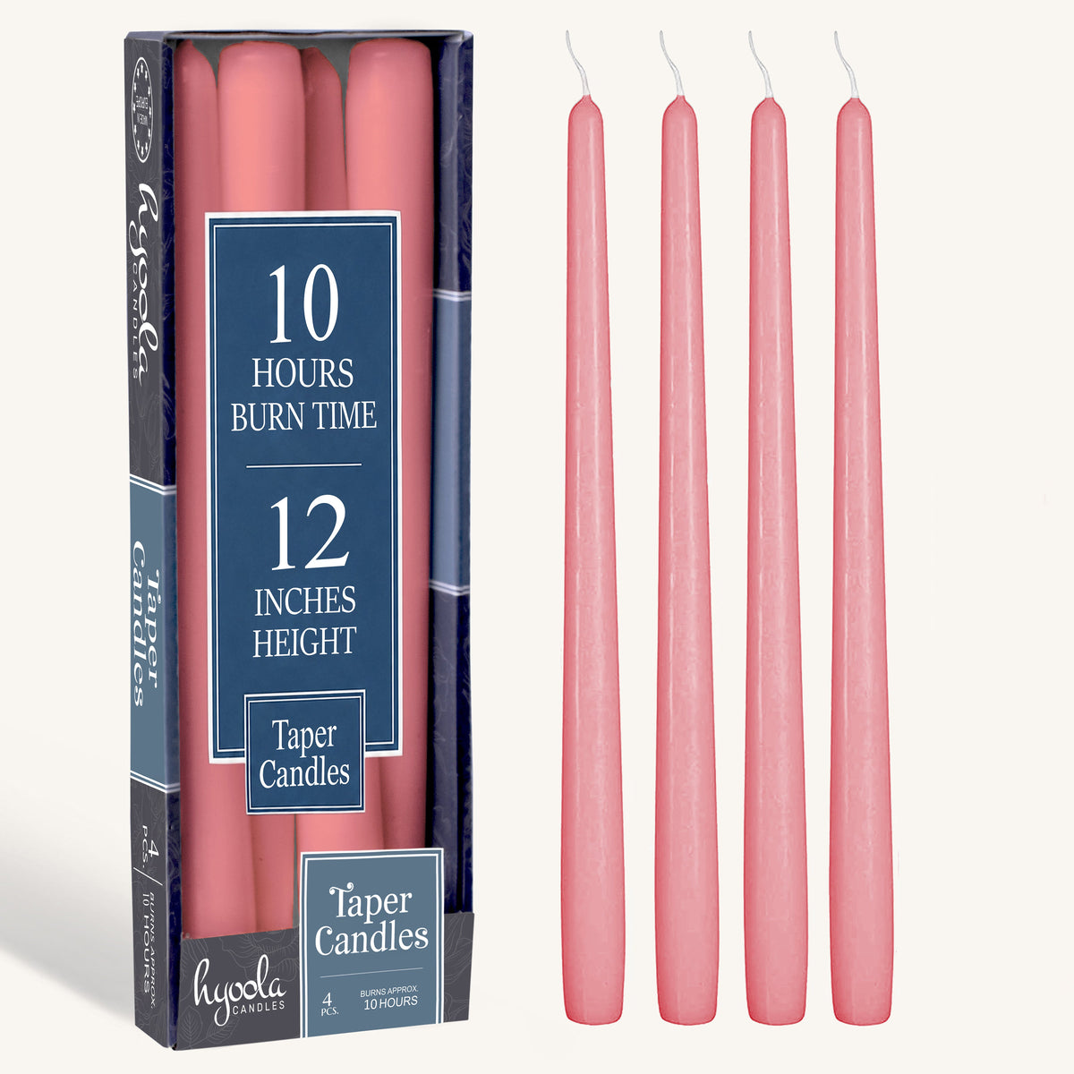 Rose Pink Taper Candles – 12-Inch, 4-Pack, Unscented & Dripless