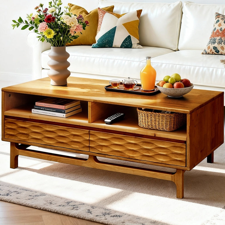 Acacia Elara 47.2” Rectangular Coffee Table with Drawers & Open Storage