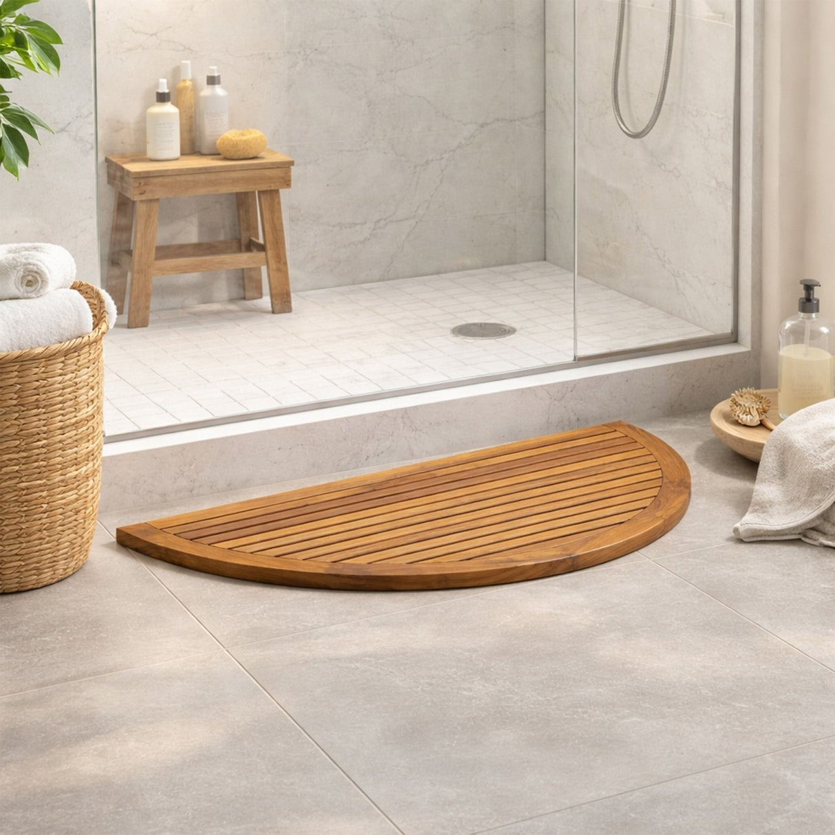 Oiled Half Moon Teak Bath Mat, 39" x 20"