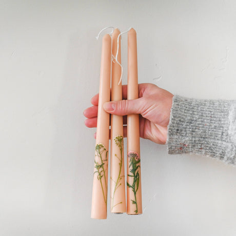 Floral Inlaid Tapered Candle in Cream - Set of 3