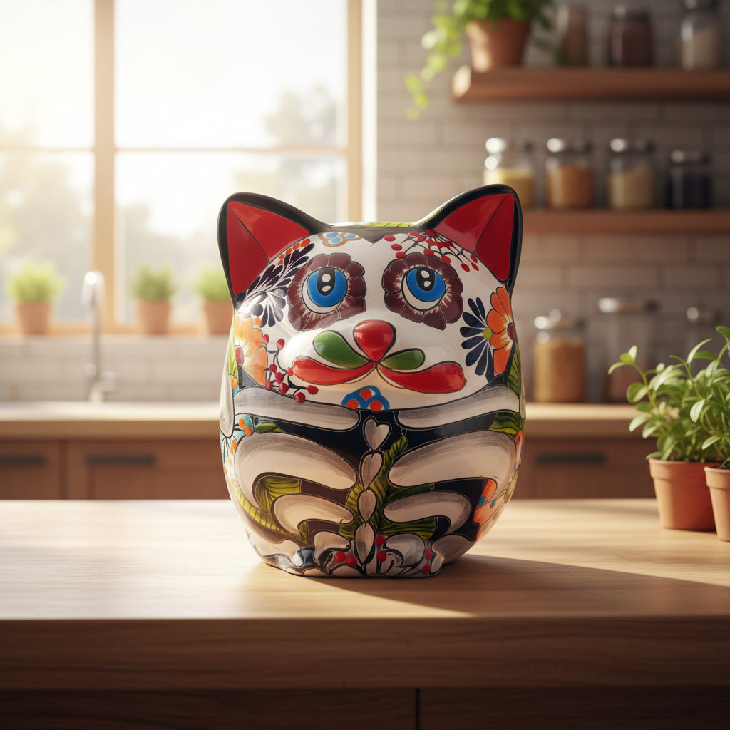 Talavera Fat Cat Planter | Day of the Dead Ceramic Art