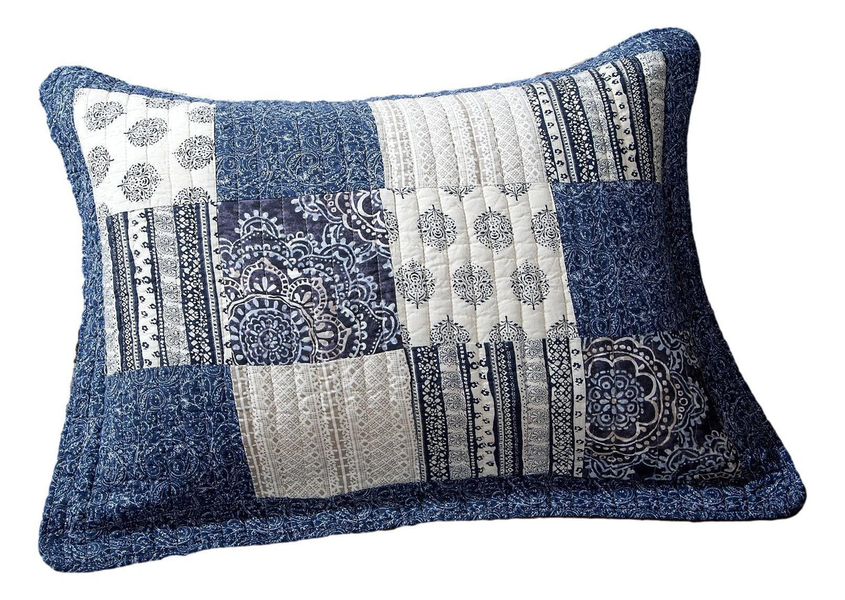 Denim Blue Elegance Floral Patchwork Farmhouse Pillow Sham