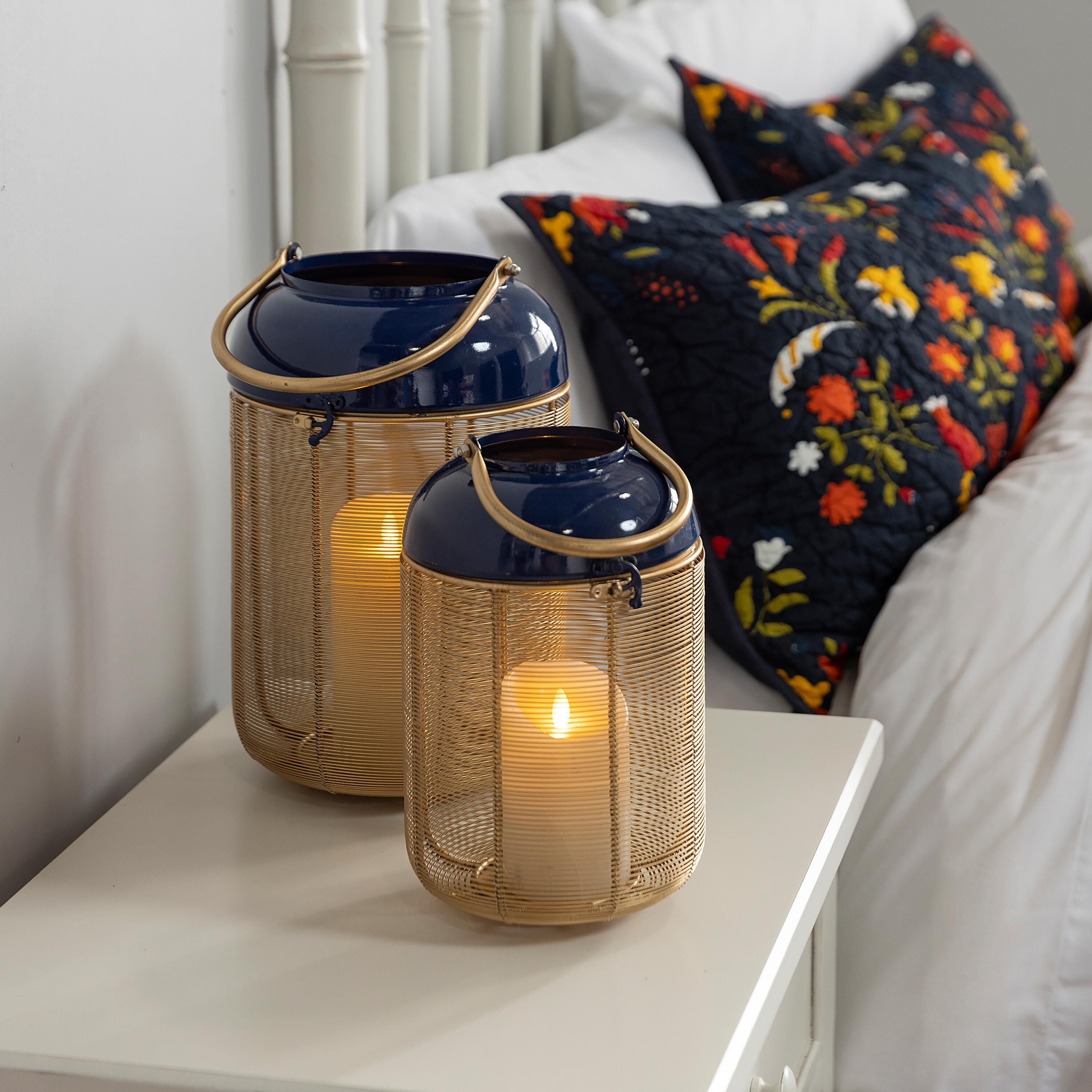 PF×LOV×GRINDLODGE LANTERN SLEEVE Blue and Gold Metal Lanterns, Set of 2 – Plow & Hearth