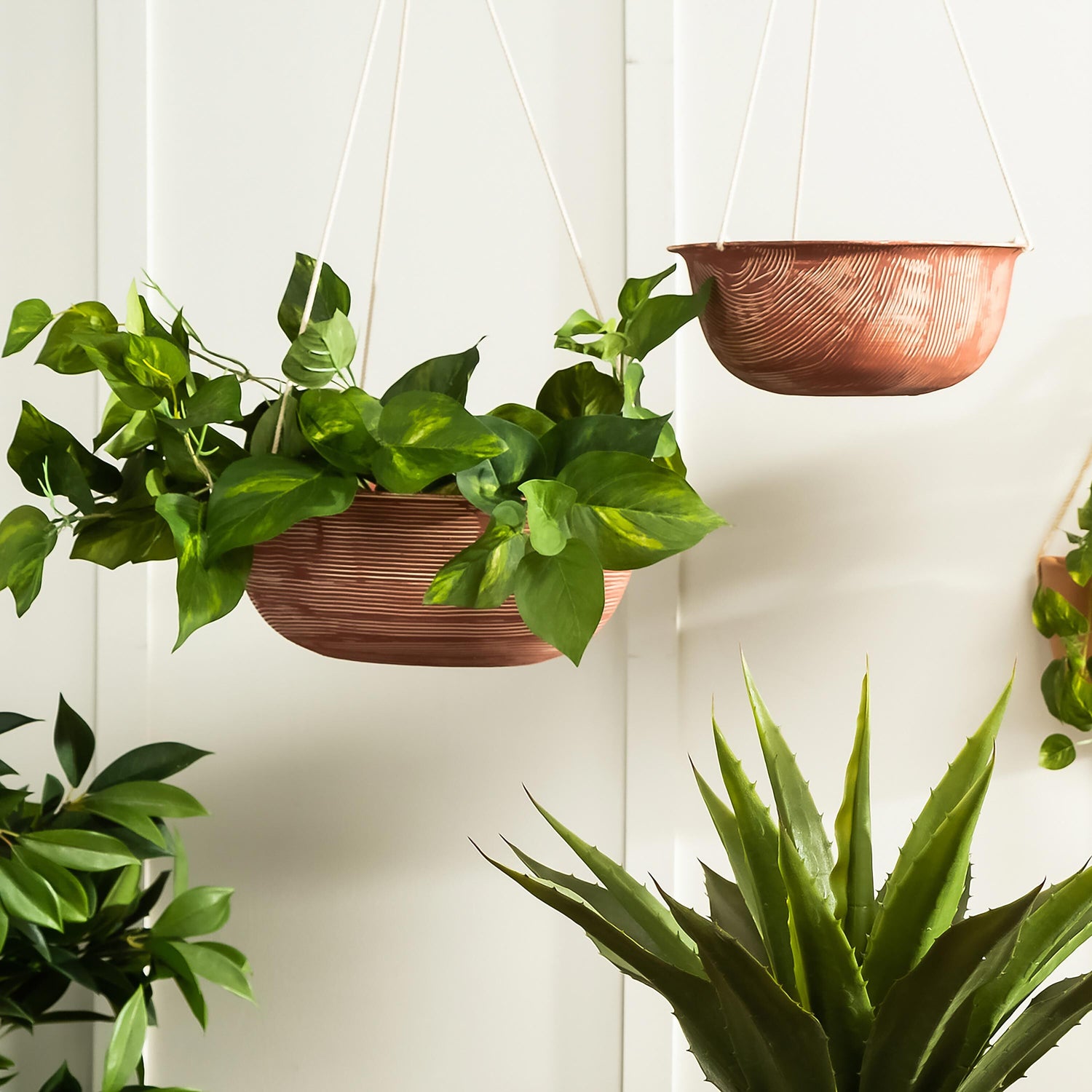 large hanging pots for plants Indoor/Outdoor Metal Hanging Planters with Terra Cotta Finish, Set of 2