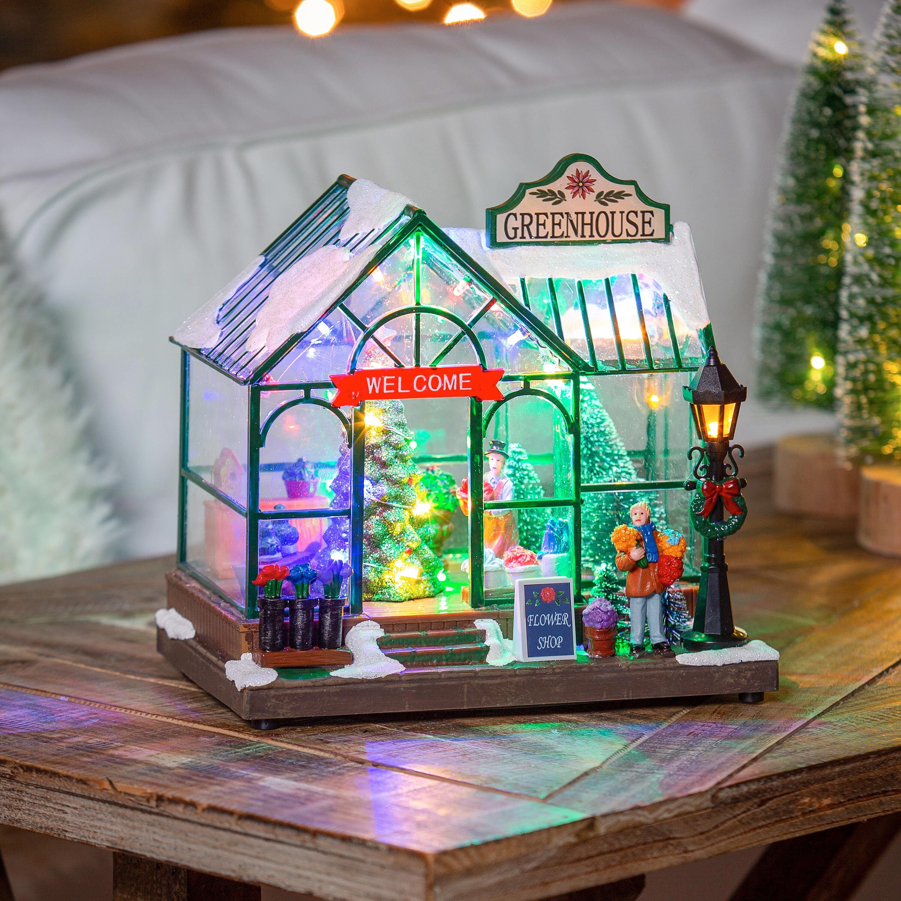 Holly Homestead LED Table Decor Resin Greenhouse with Rotating