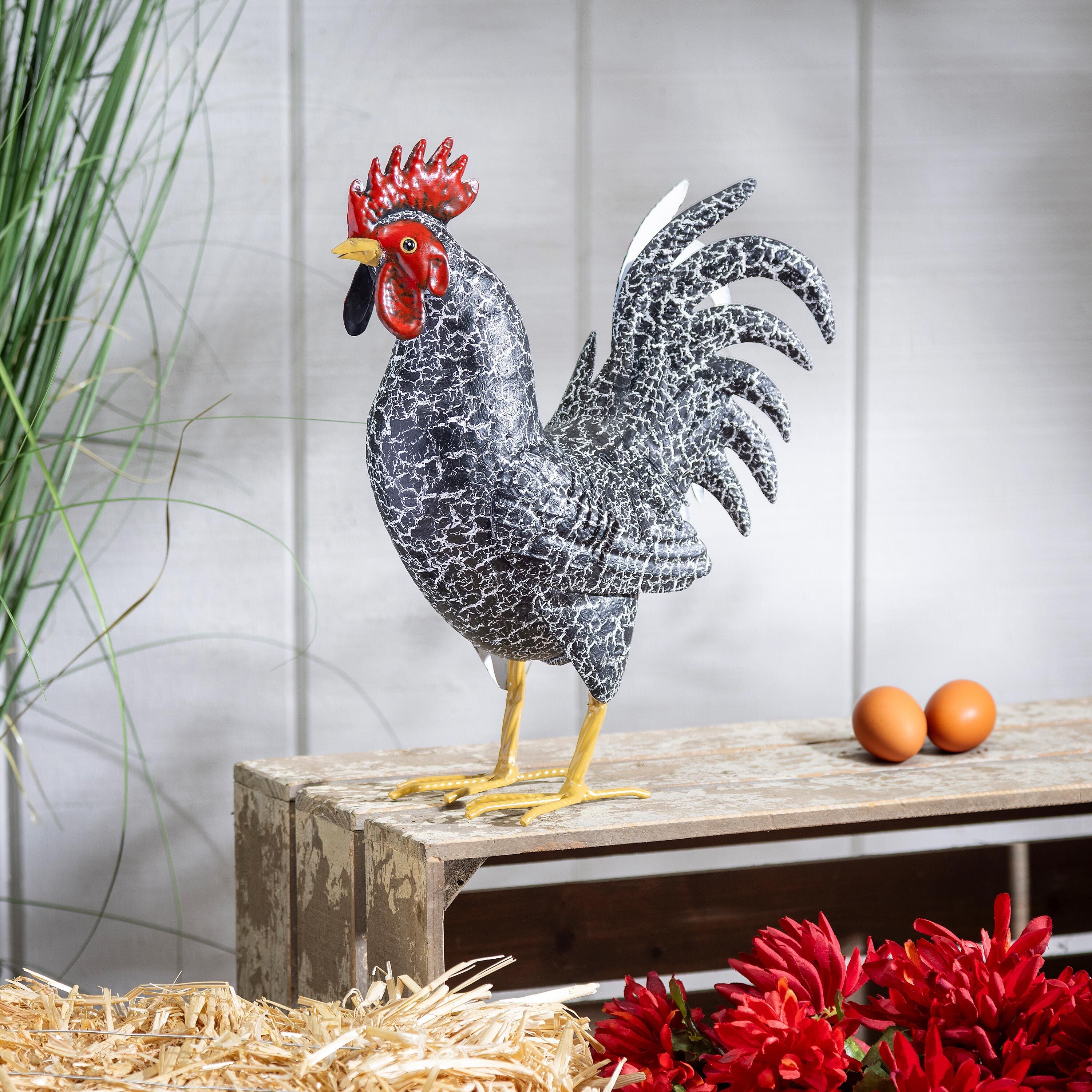Metal Rooster With Dark Feathers Garden Statue, 14