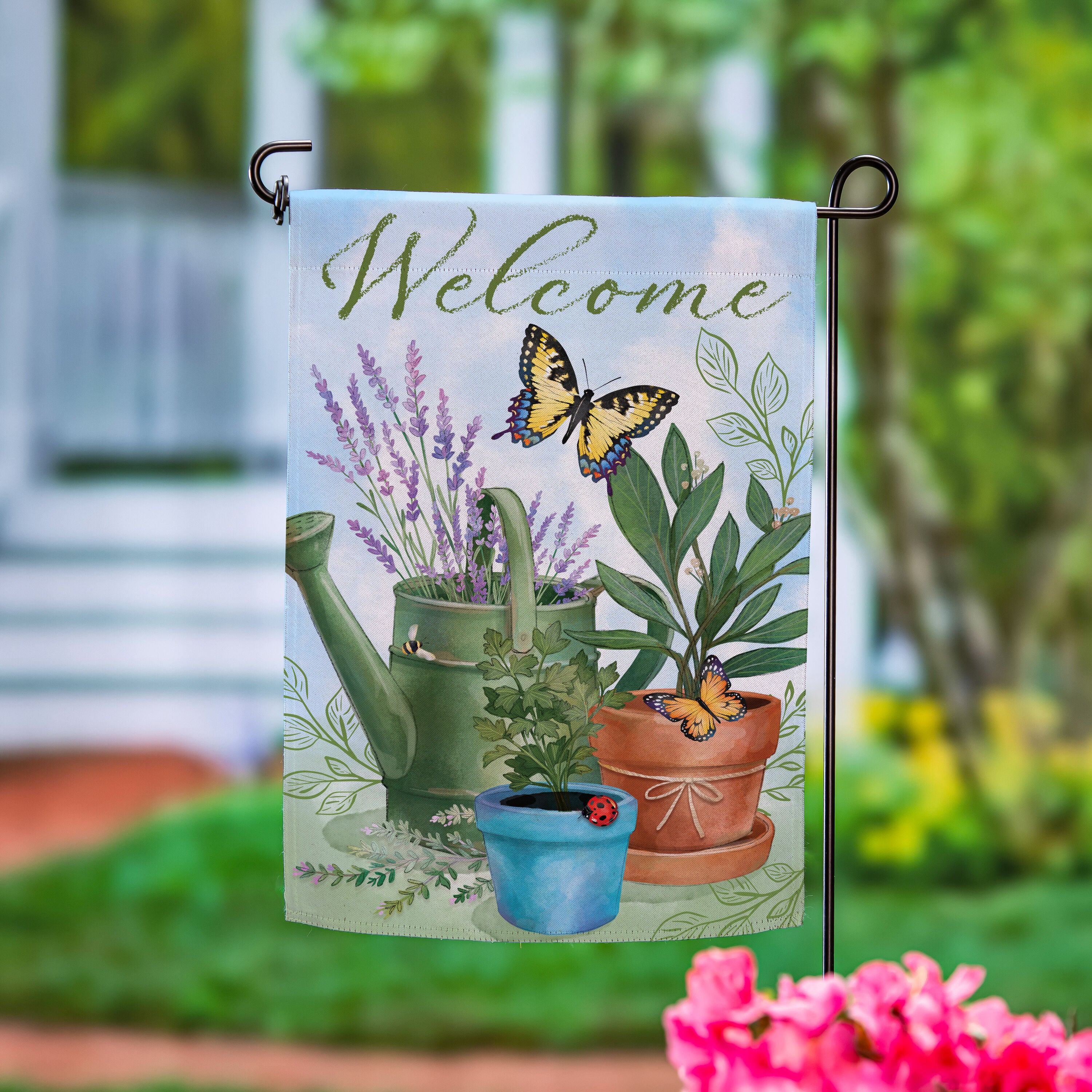 Pollinator Garden Watering Can & Plants Garden Flag