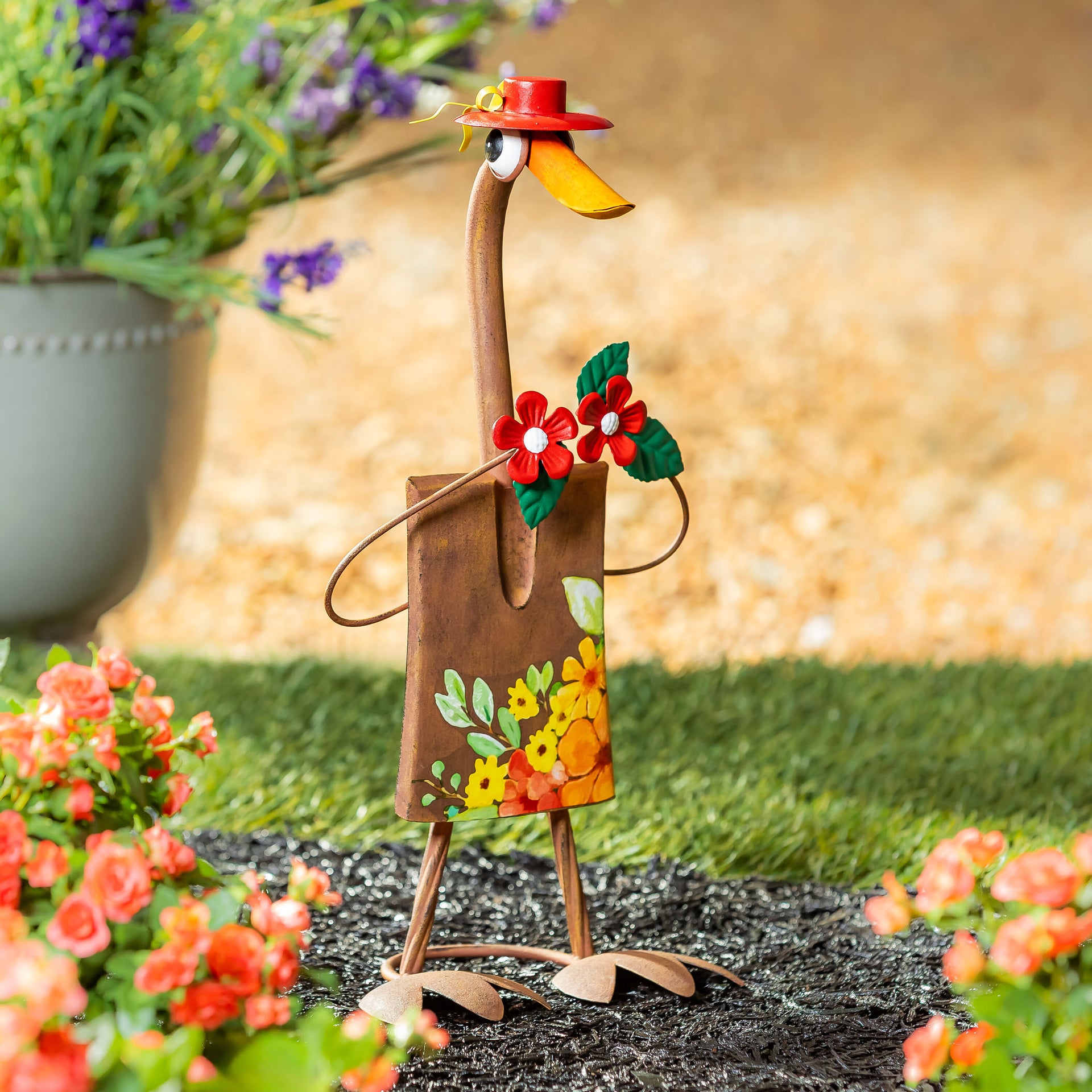 garden trowel ornament Charming Shovel Goose Garden Statue with Red Hat, 16"H