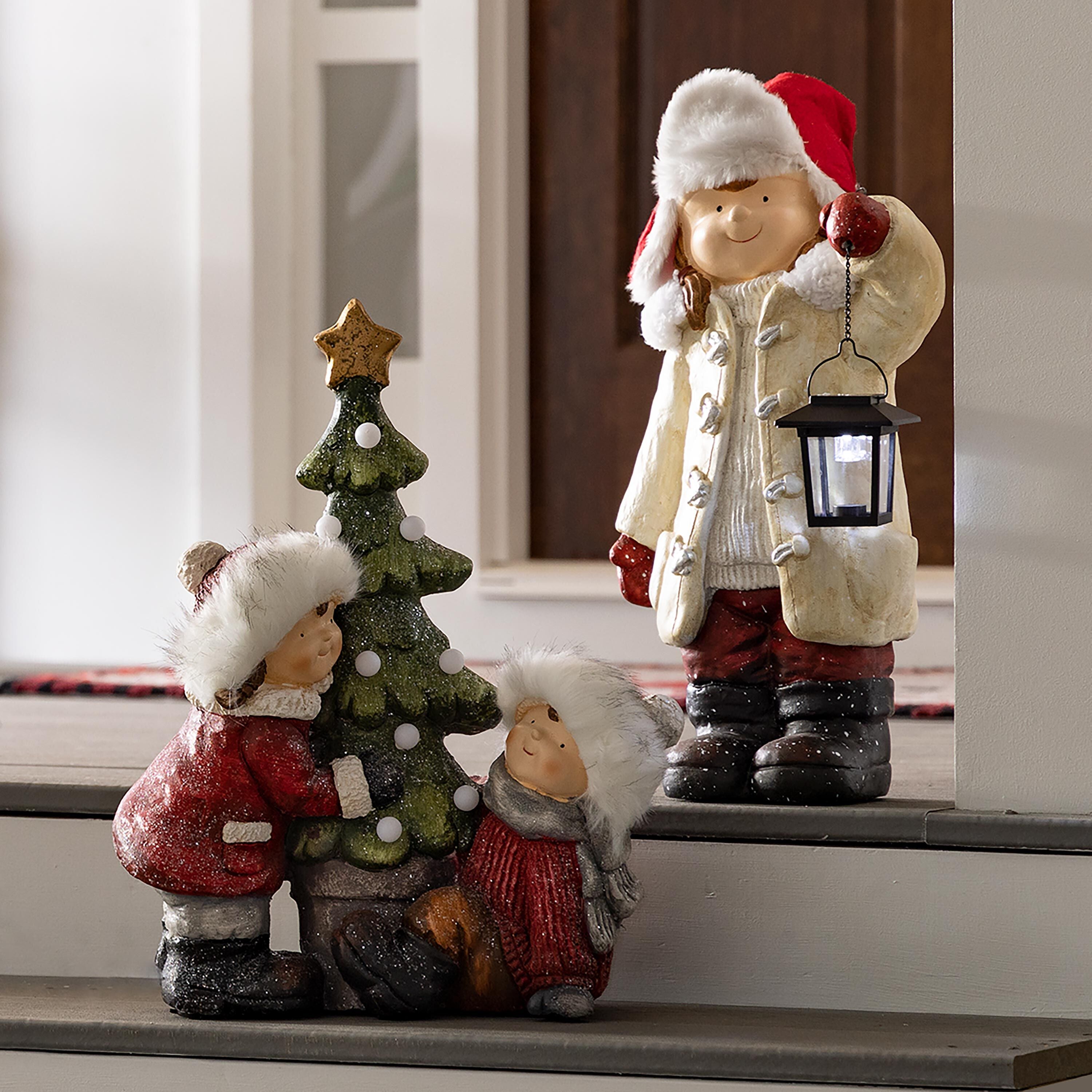 サンタクロース Wintertime Children with Lanterns Solar Garden Statues, Set of 2