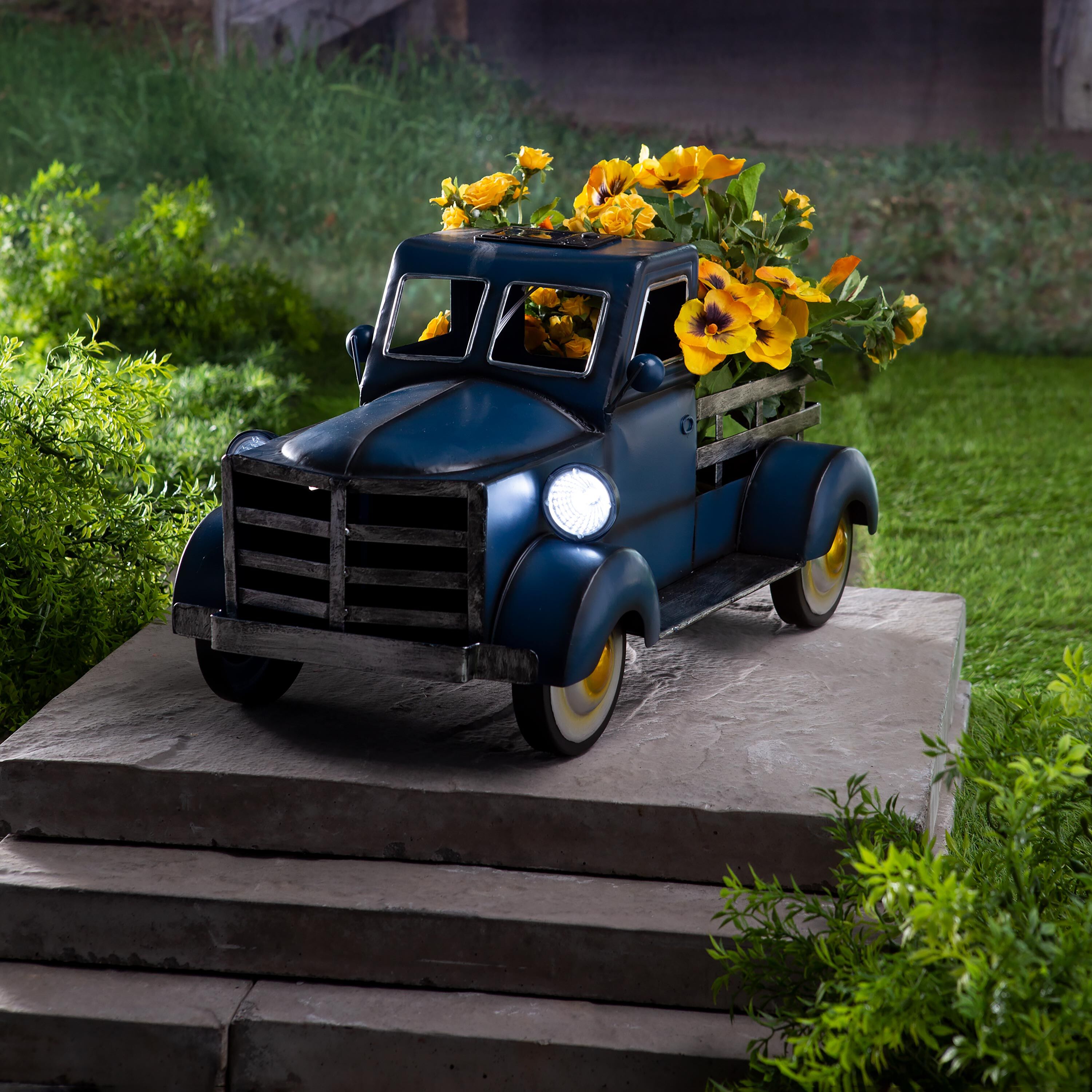 Blue Vintage Style Pickup Truck Garden Accent With Solar