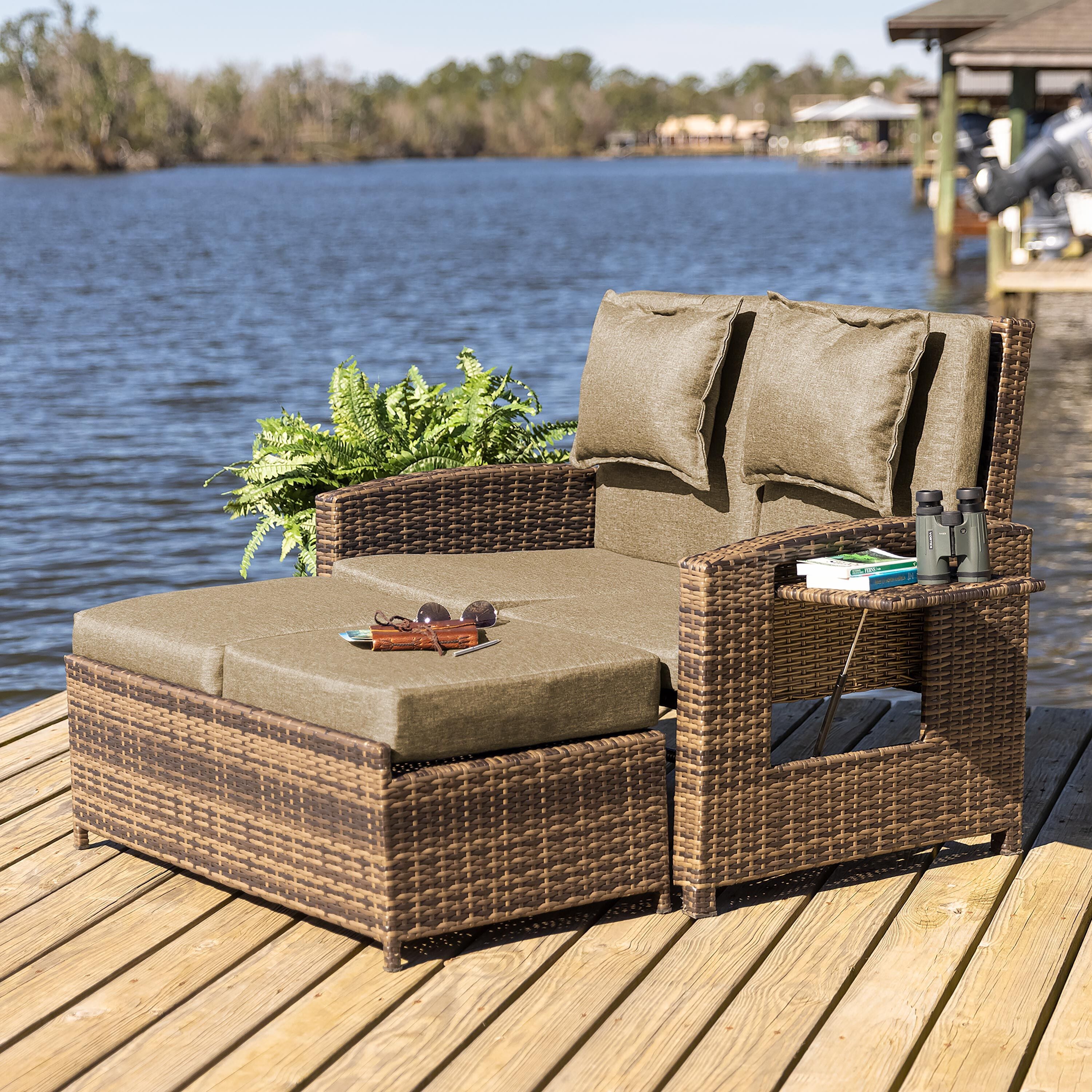Multi-Functional Outdoor Wicker Love Seat Chaise Lounger with
