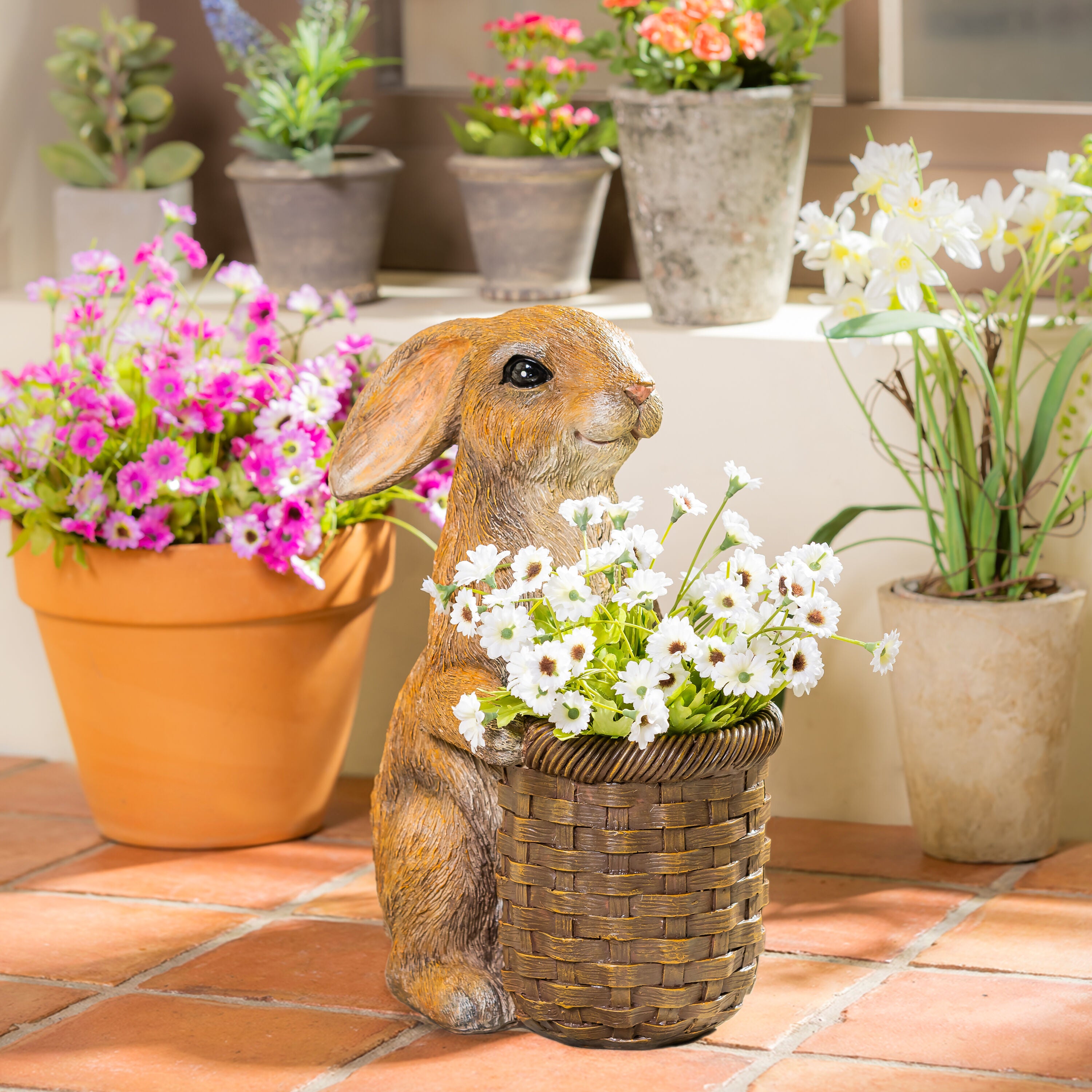 Rabbit with Flower Pot Resin Garden Statue – Plow & Hearth