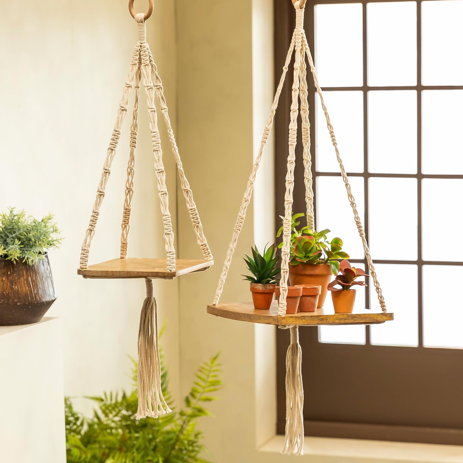 plant hanging stand indoor VivaStyle Plant Stand, Macrame & Wood, Hanging Plant Stand, 32" H, Set of 2