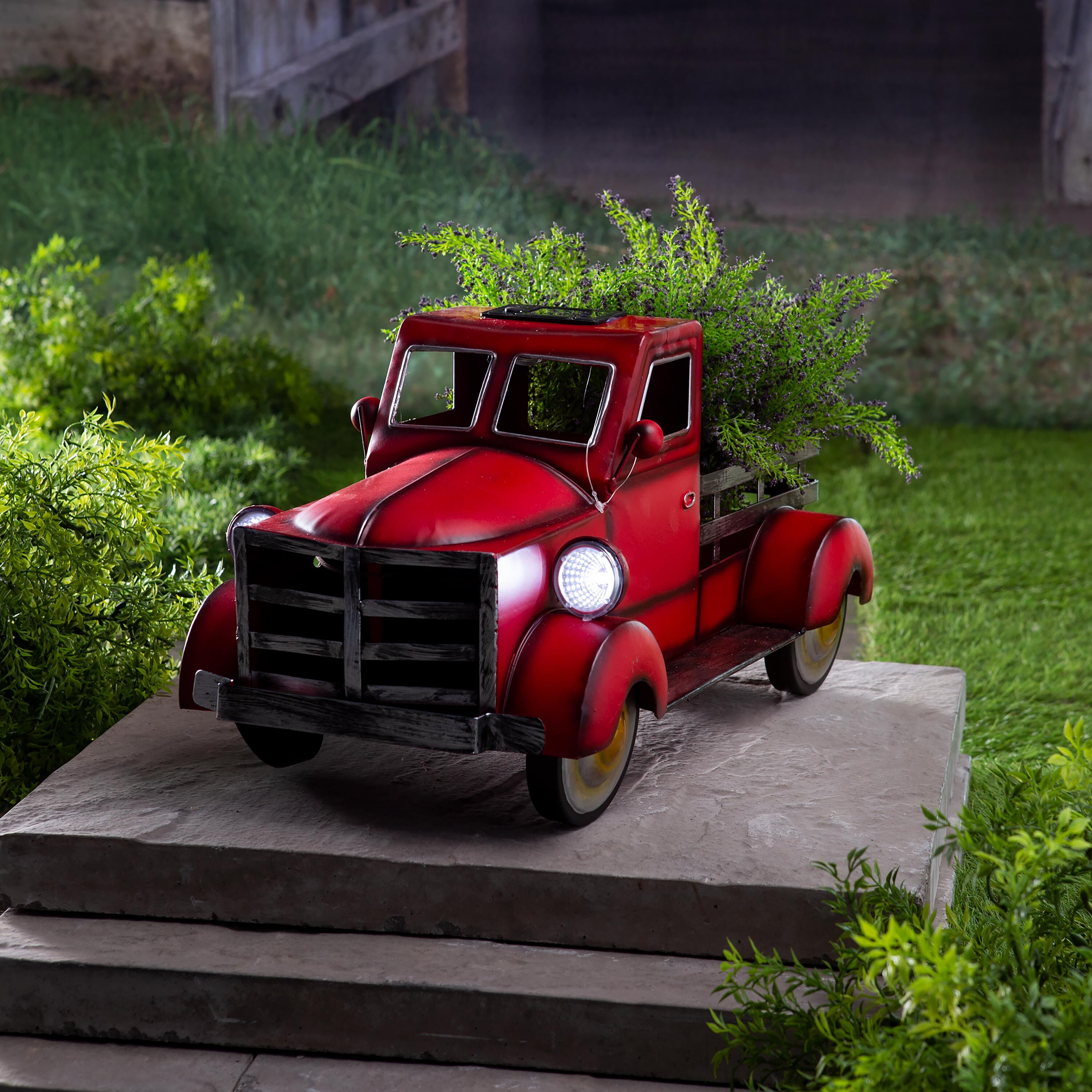 Red Vintage Style Pickup Truck Garden Accent With Solar Headlights