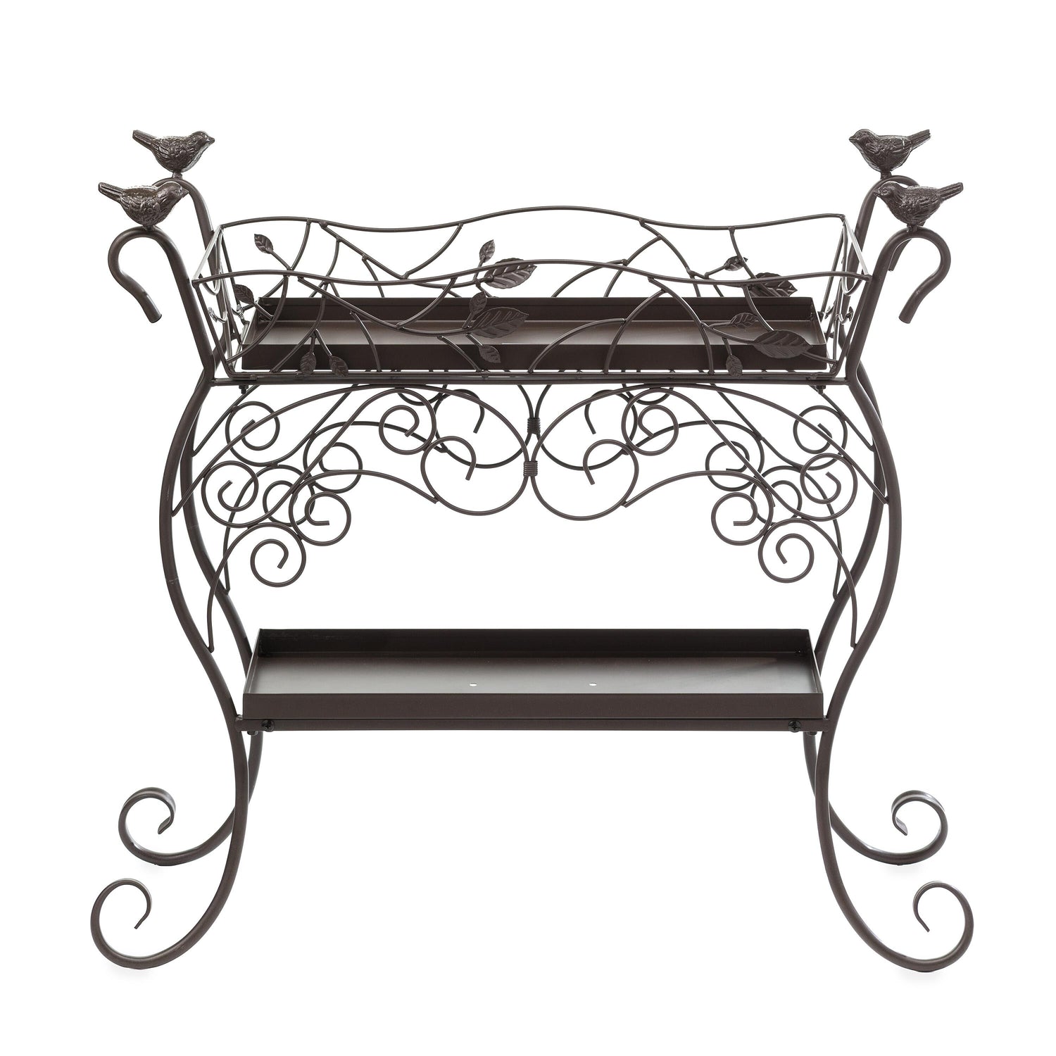 manhasset 2-piece iron pot planter set Two-Shelf Cast Iron Plant Stand with Birds
