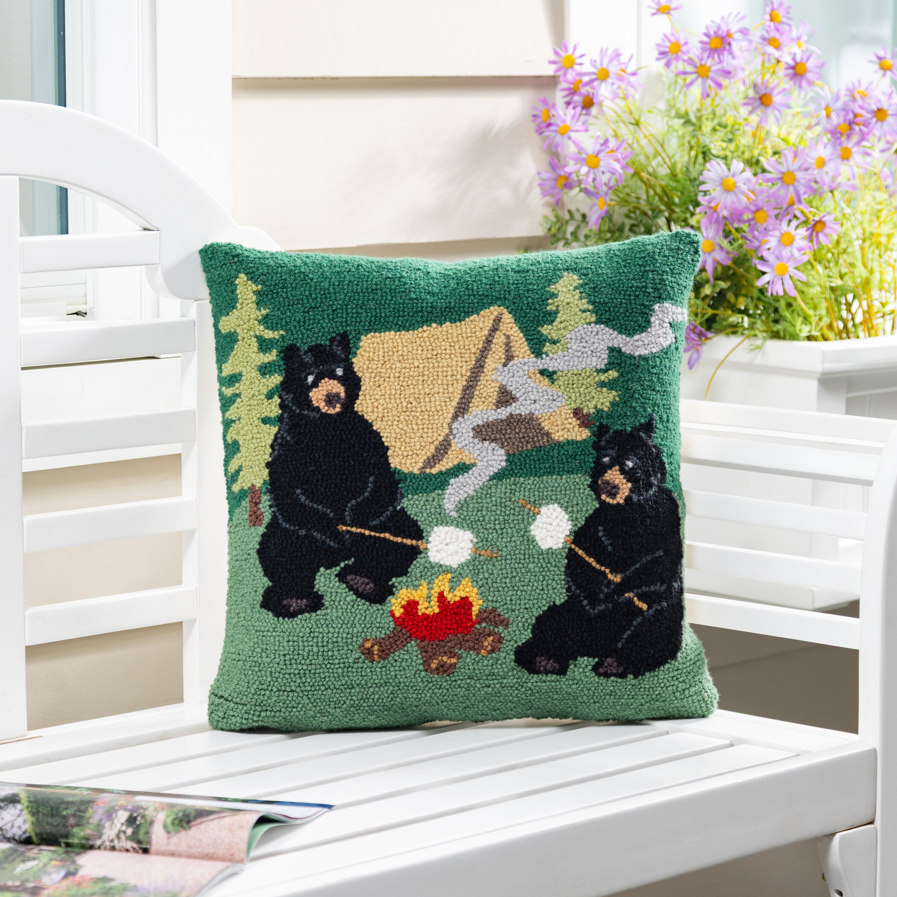 Plow & Hearth Campfire Bears Hooked Pillow