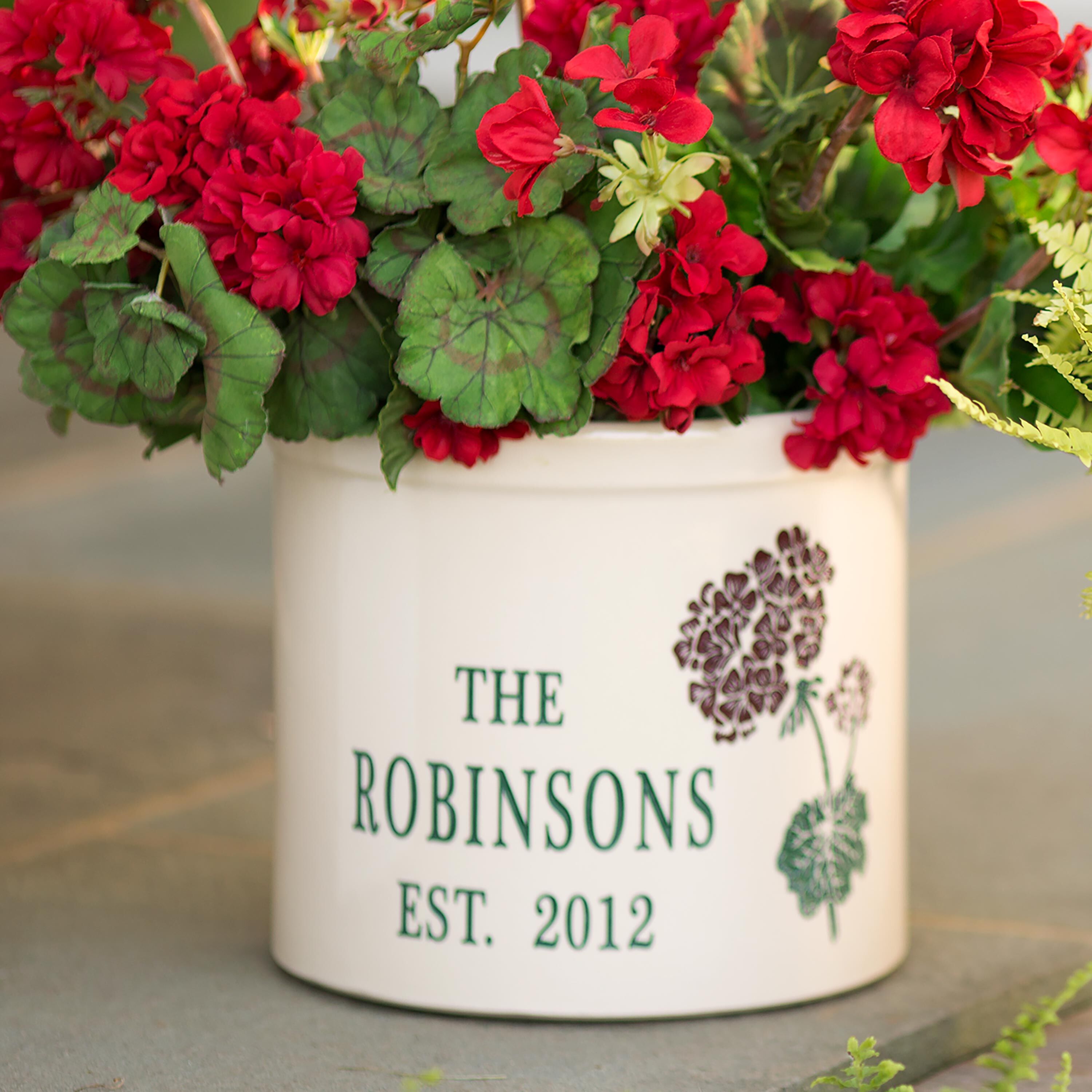 large personalized planter pots Plow & Hearth Personalized Stoneware Crock with Geranium Design