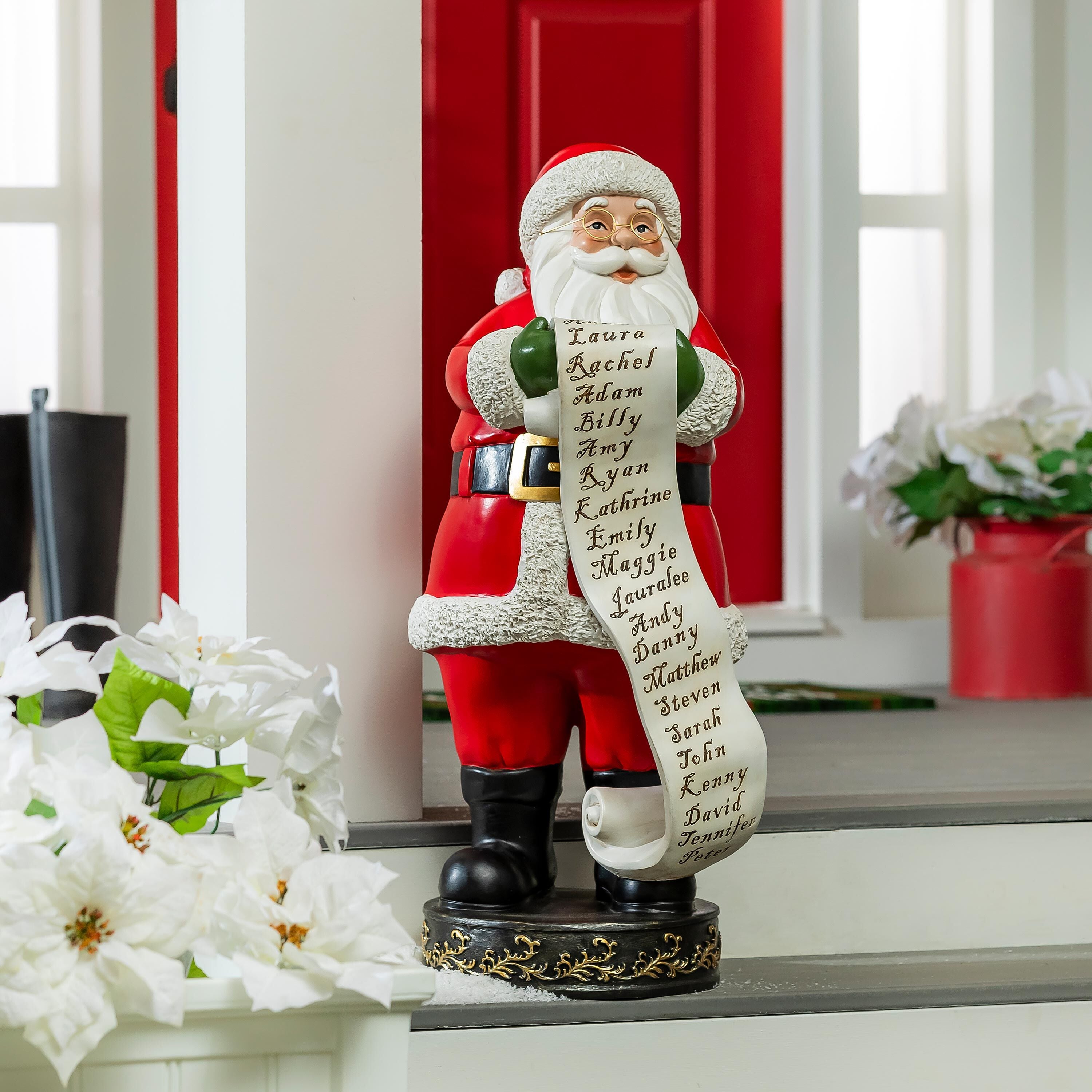 Holiday Poinsettia Garden Statue, Resin Statue, Santa with List