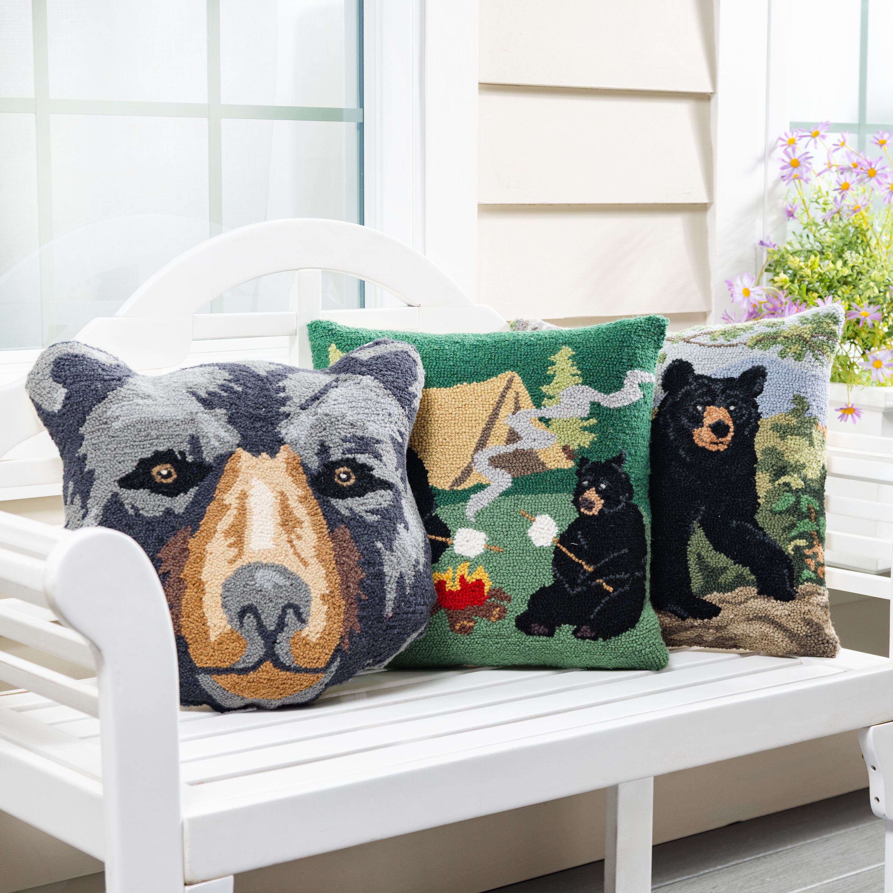 Plow & Hearth Campfire Bears Hooked Pillow - Thumbnail 4