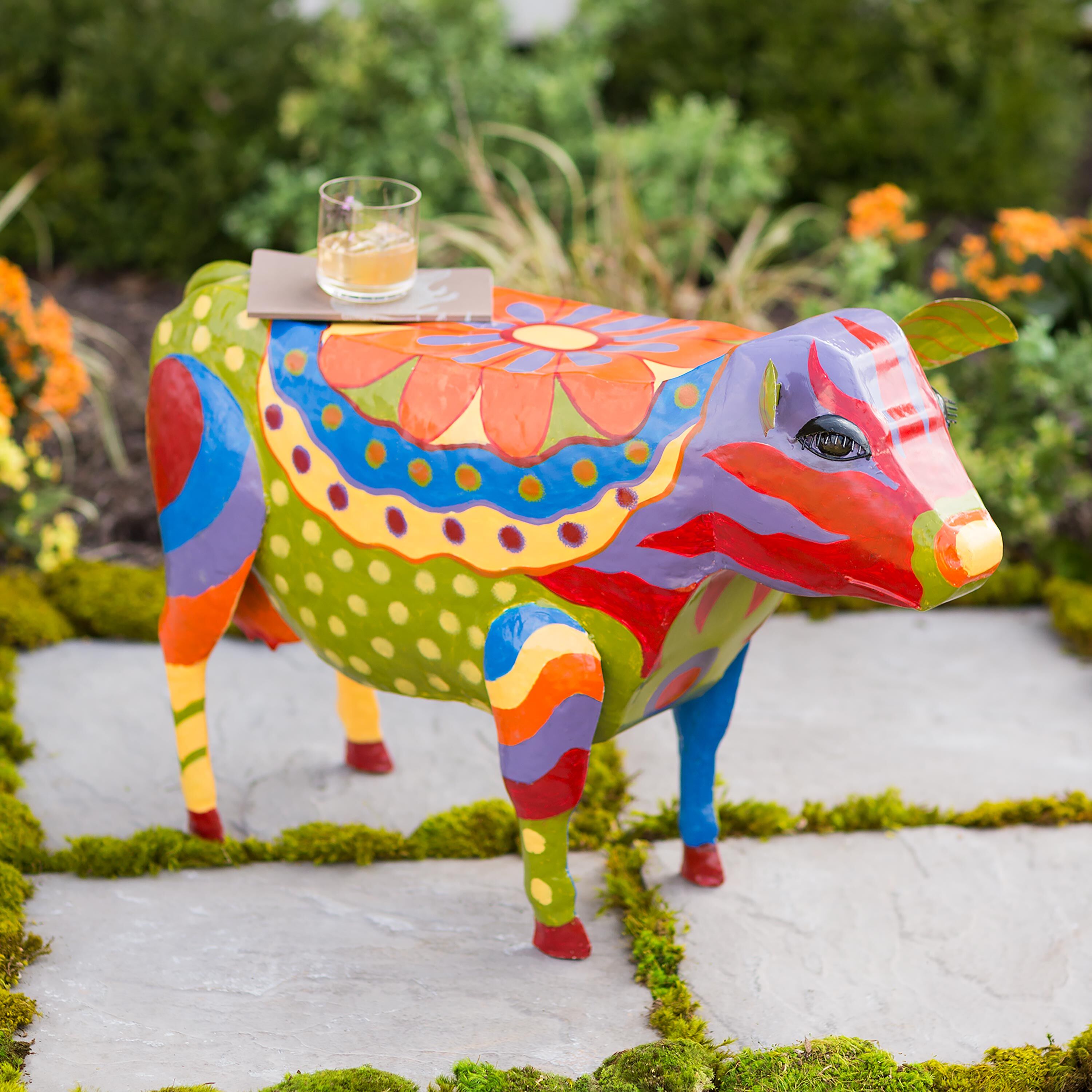 Handmade Colorful Painted Folk Art Cow Metal Side Table – Plow