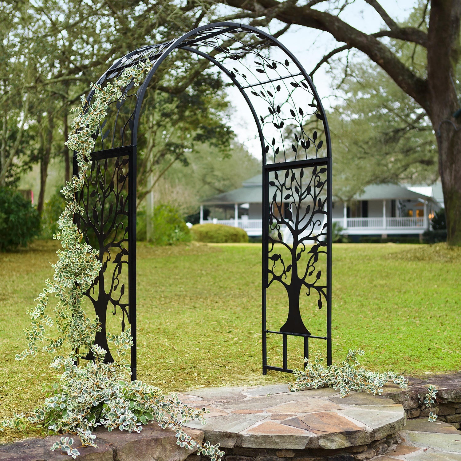 metal arch trellis for climbing plants Metal Arched Garden Arbor with Tree of Life Design