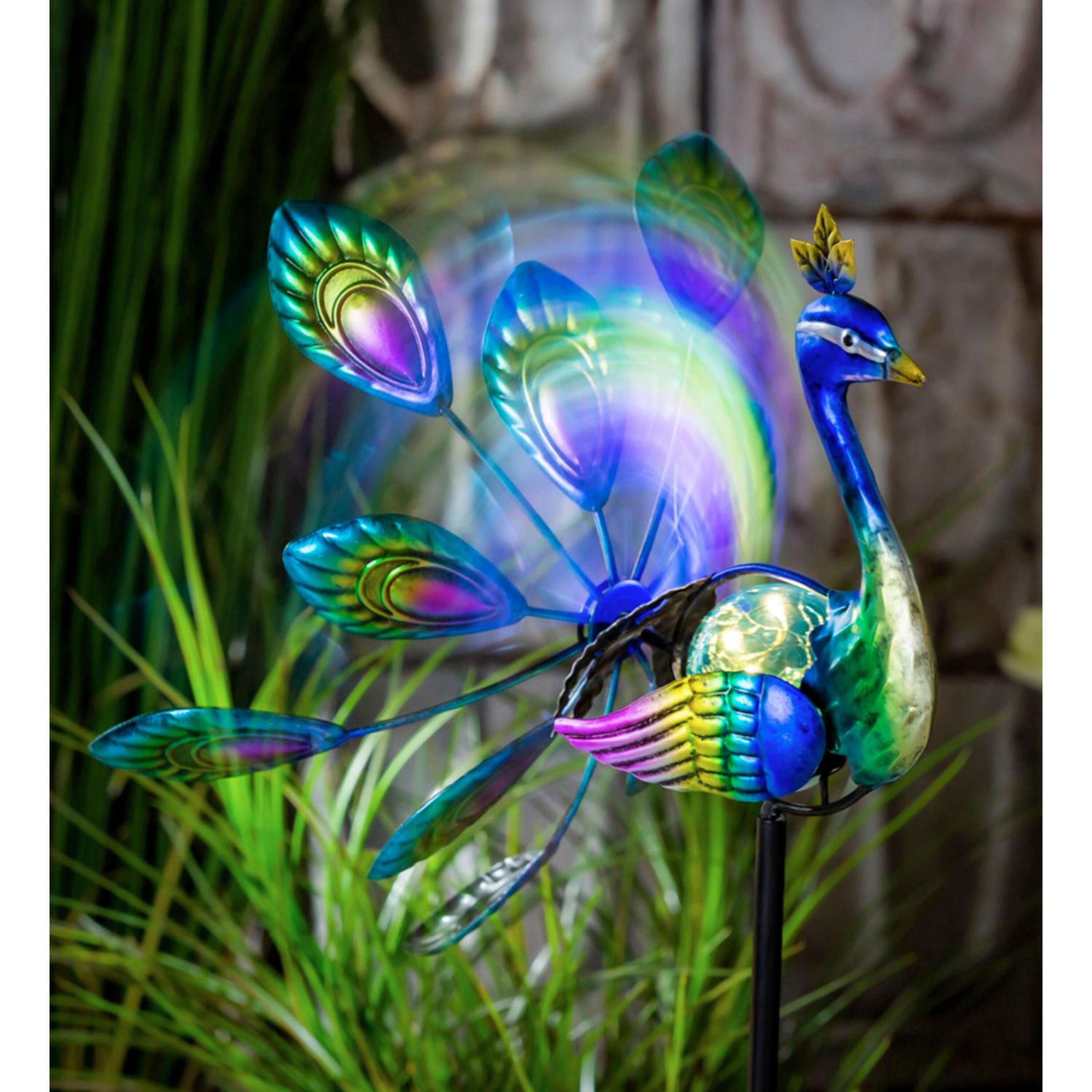 Tropical Oasis Wind Spinner, Solar Staked Peacock Staked Wind