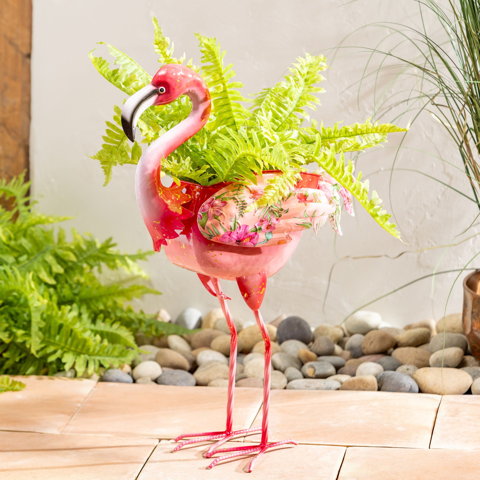 Evergreen 16 in. Floral Flamingo Metal Garden Planter