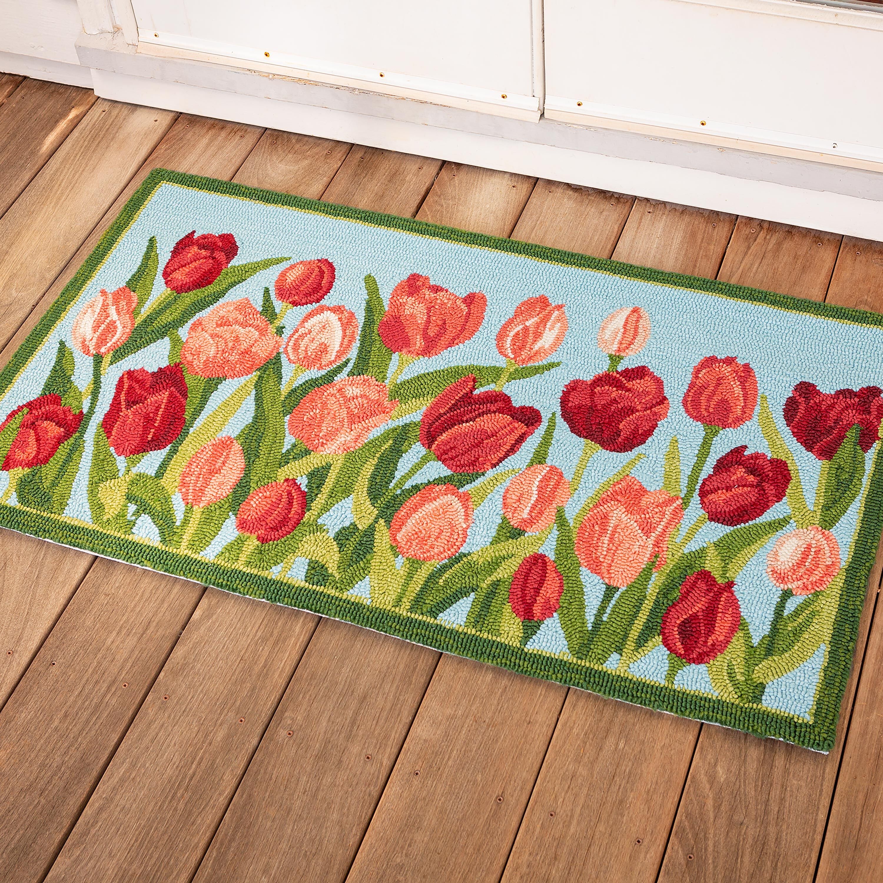 USA RUG / チューリップ柄 Indoor/Outdoor Pink Tulips Hooked Polypropylene Accent Rug – Plow