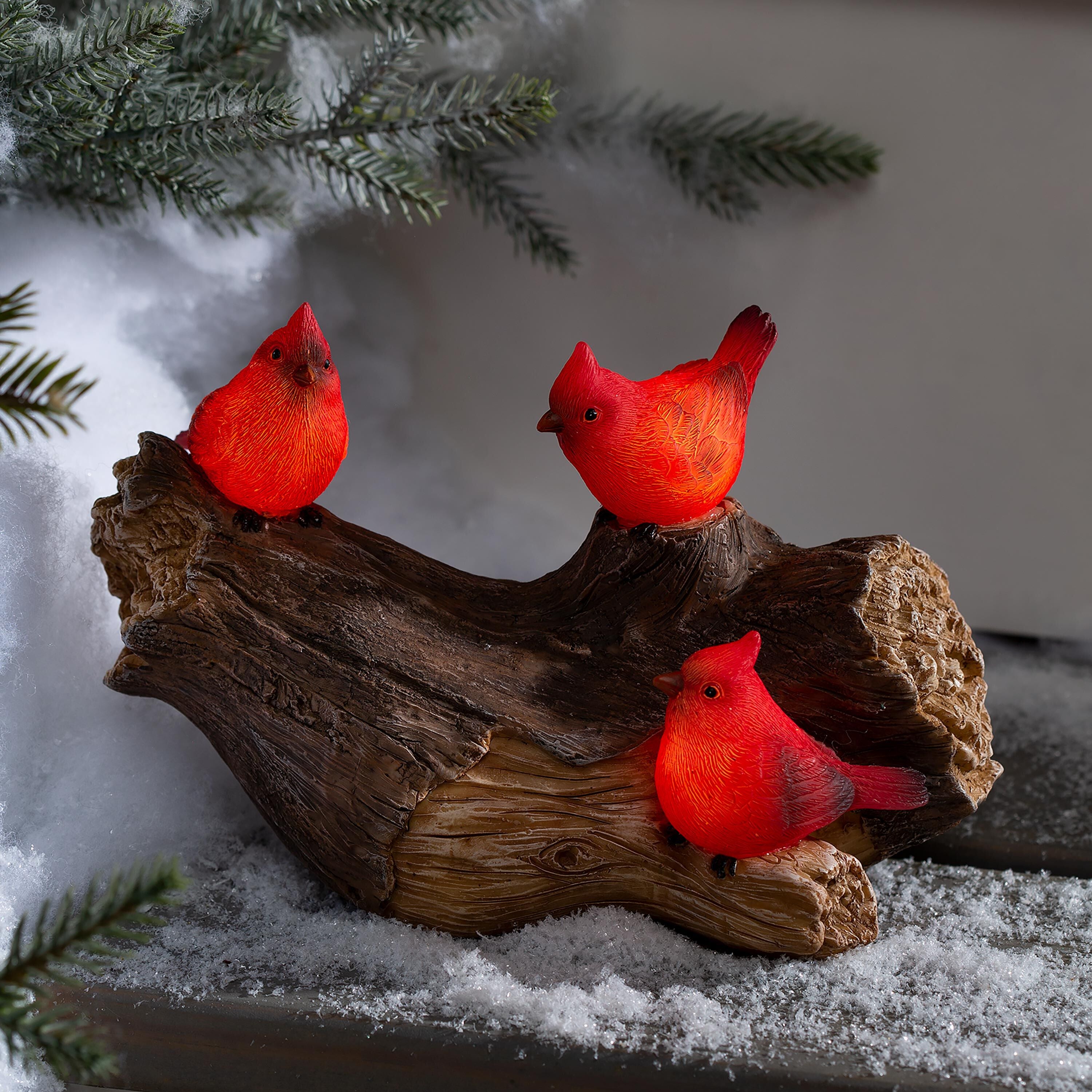 Memorial Garden Statue, Solar Cardinal Family On Wooden Log, 5