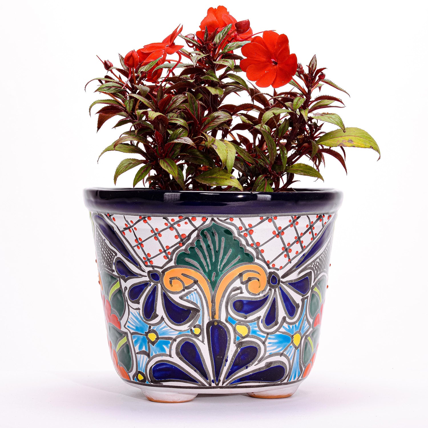 large round ceramic plant pots 10 in. White Floral Talavera Ceramic Rounded Pot Planter