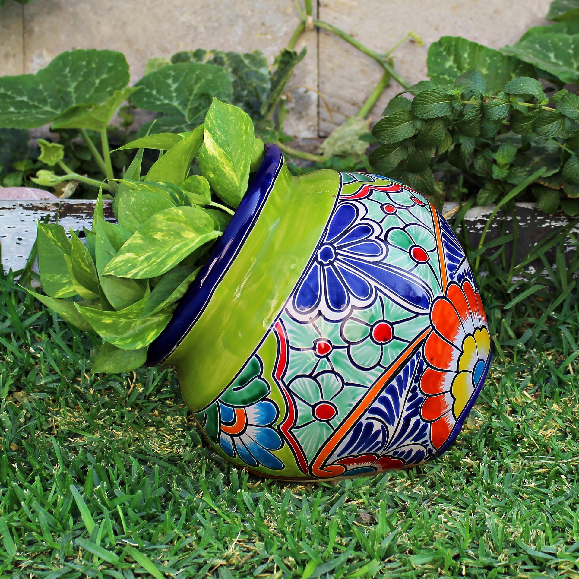 mexican planter pot Green Talavera Tilted Chata Planter, Large