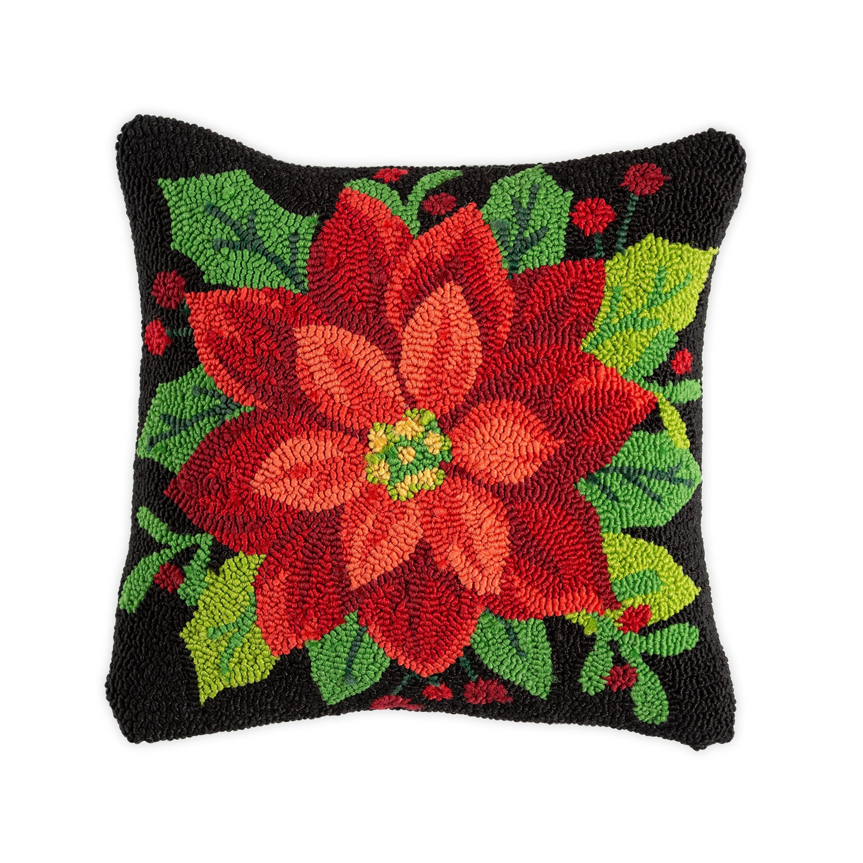Hooked Polypropylene Poinsettia Throw Pillow
