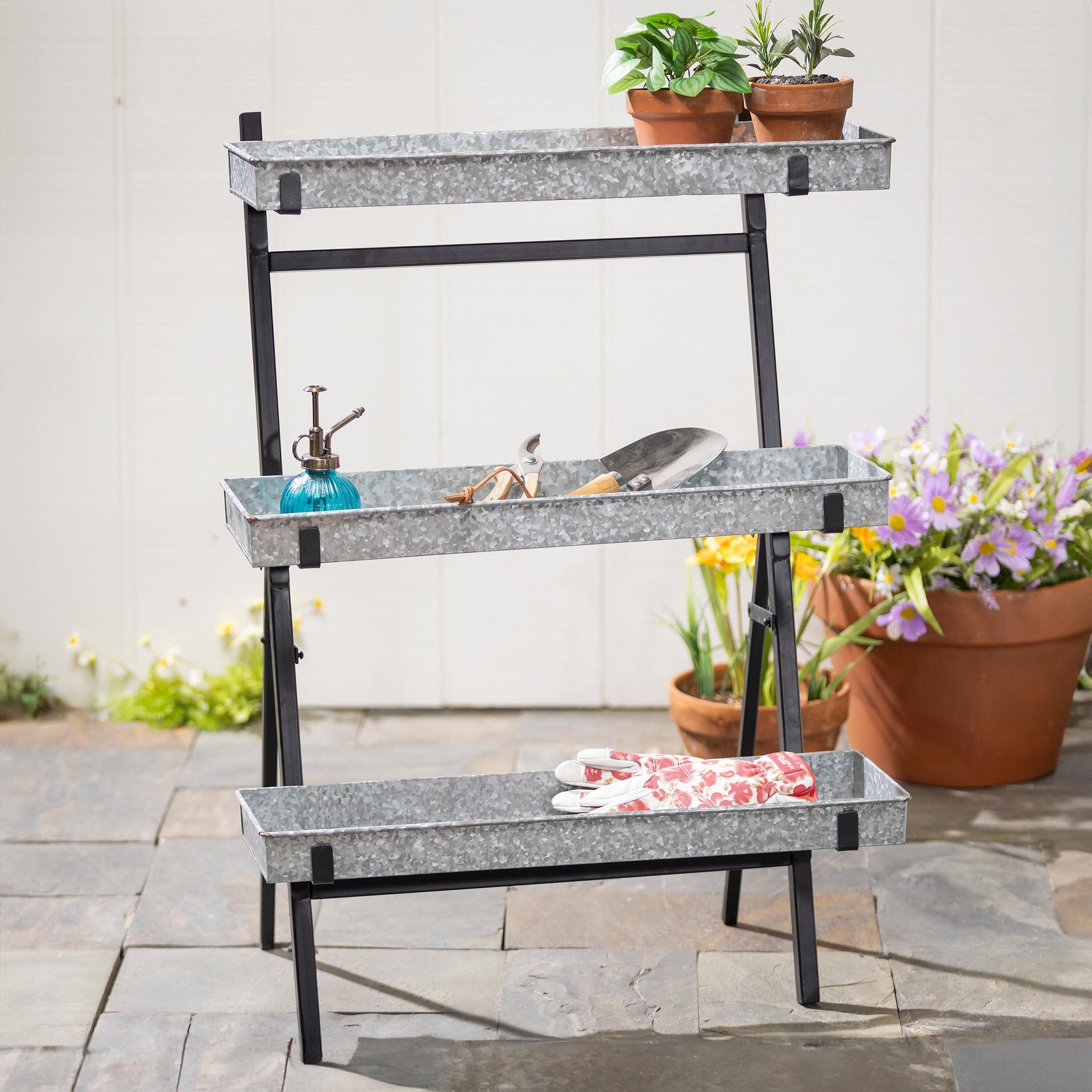 metal garden plant rack What She Shed Plant Stand, Metal, 3-Tiered Plant Stand