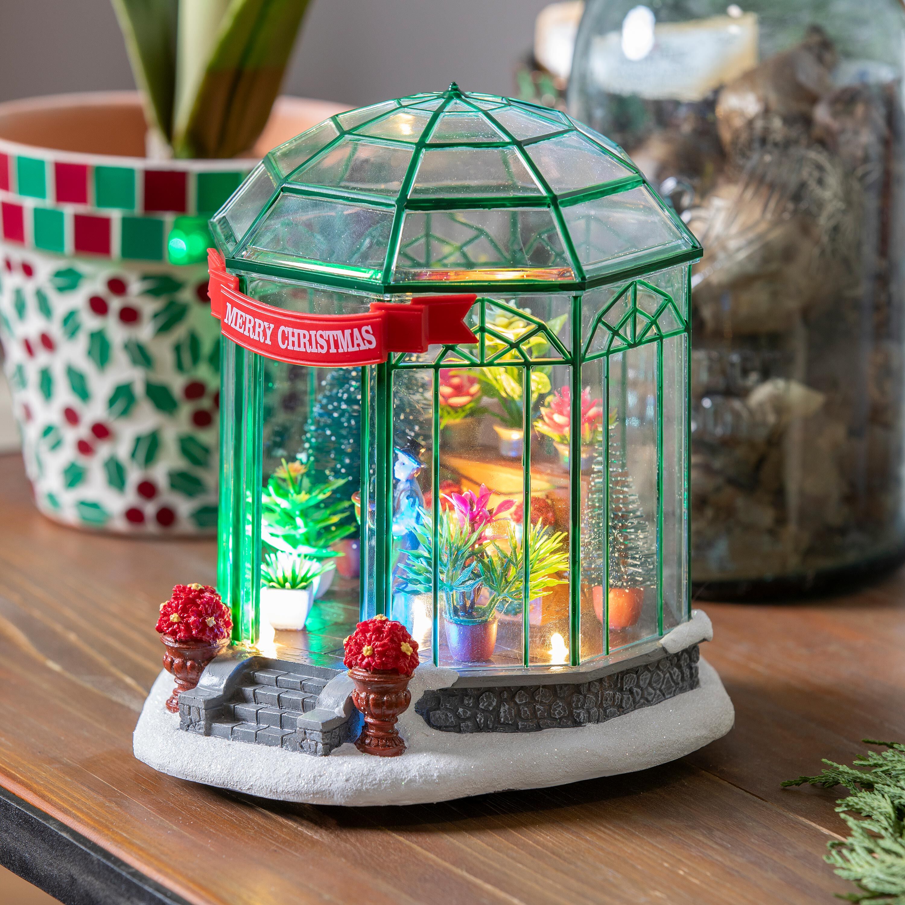 Holly Homestead LED Table Decor Resin Greenhouse with Music, 7.5