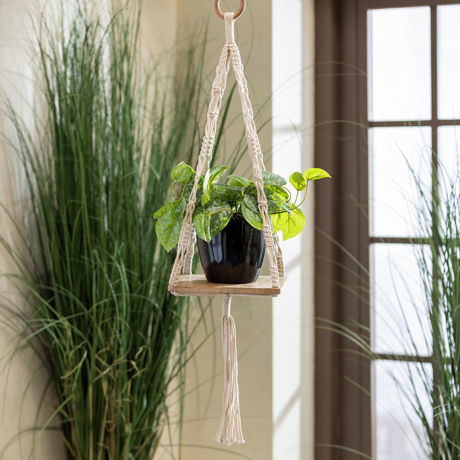 plant stands hanging VivaStyle Plant Stand, Macrame & Wood, Hanging Plant Stand, 32" H, Set – Plow & Hearth