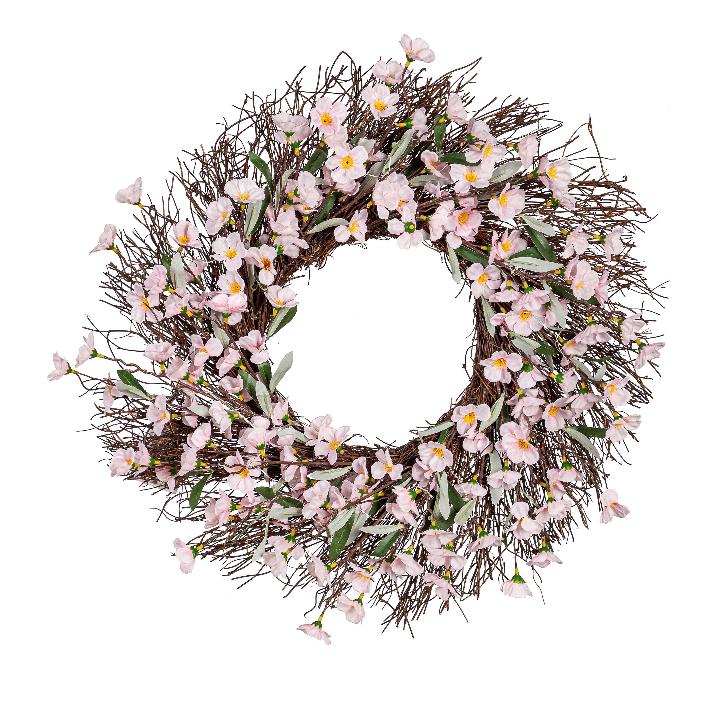 Lighted Faux Cherry Blossom Wreath – Plow & Hearth