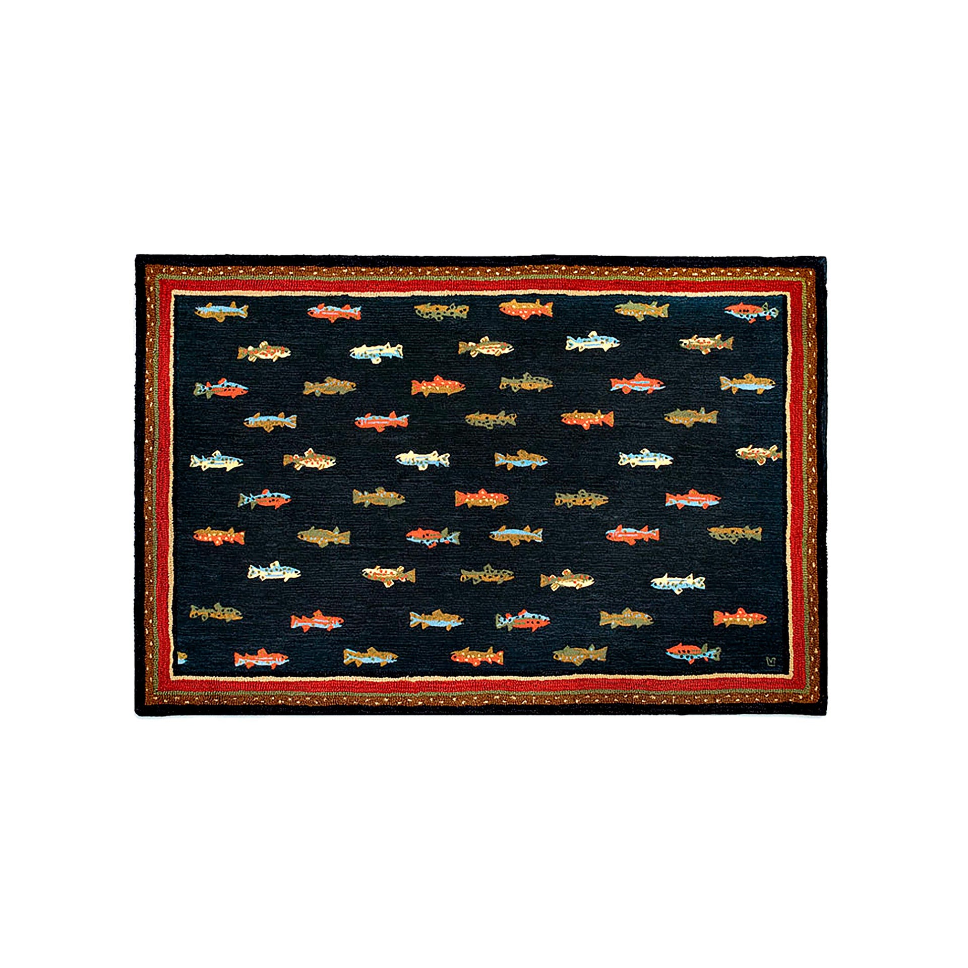 blue hand hooked wool rug blue fish River Fish 4'X6' Hooked Wool Rug