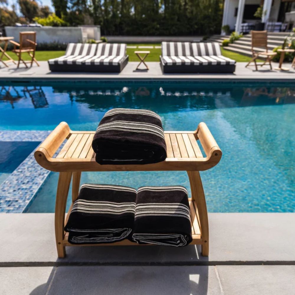 Norwegian Natural Teak Shower and Bath Curved Spa Bench with Shelf - 30"