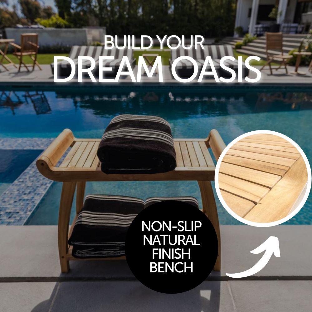 Norwegian Natural Teak Shower and Bath Curved Spa Bench with Shelf - 30"