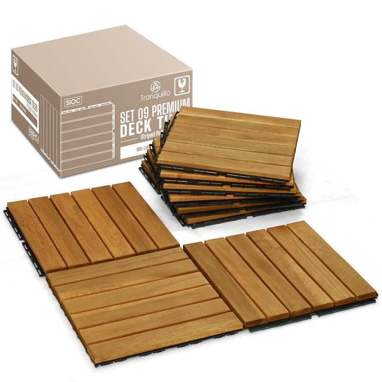 Acacia Deck Tiles 6 Slat Interlocking Decking Tiles, Set of 9