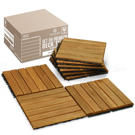 Acacia Deck Tiles 6 Slat Interlocking Decking Tiles, Set of 9