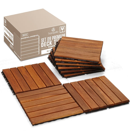 Acacia Deck Tiles 6 Slat Interlocking Decking Tiles, Set of 9