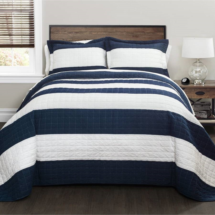 Full/Queen Navy White Stripe 3 Piece Cotton Lightweight Quilt Set