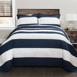 Full/Queen Navy White Stripe 3 Piece Cotton Lightweight Quilt Set