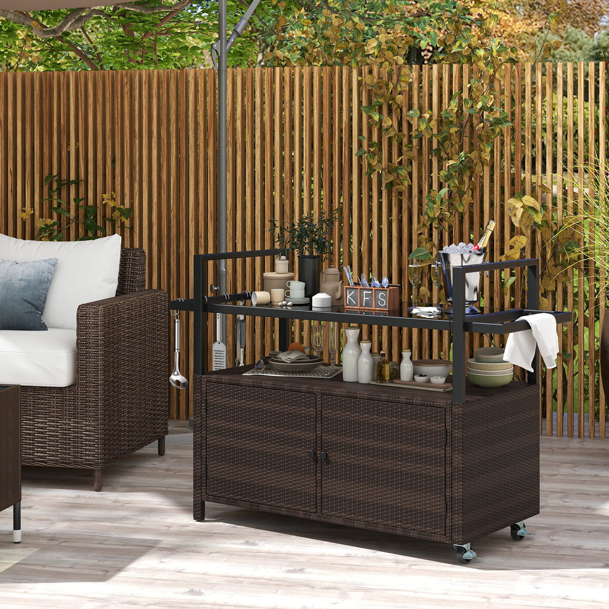 Outdoor Bar Cart Wicker Serving Cart